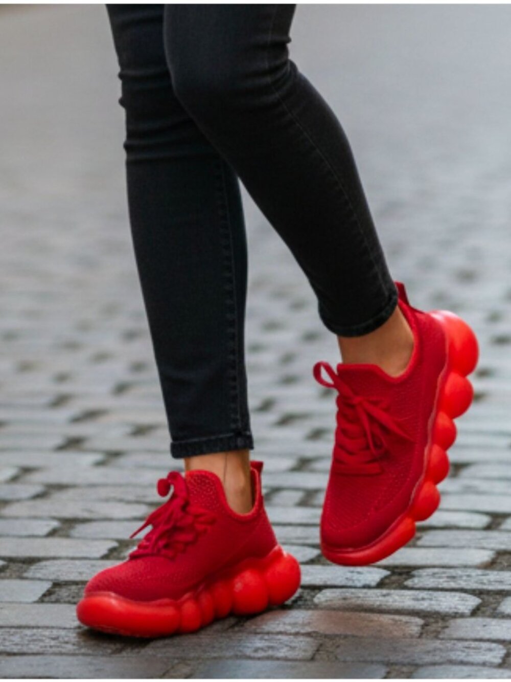 Red Mesh Athletic Sneakers With Bubble Sole - Breathable Lightweight Design For